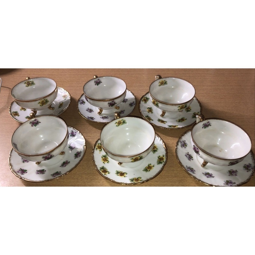 Set Of 6 Vintage Cherry China Brand Post WWII Japan Cups & Saucers w/Gold Trim
